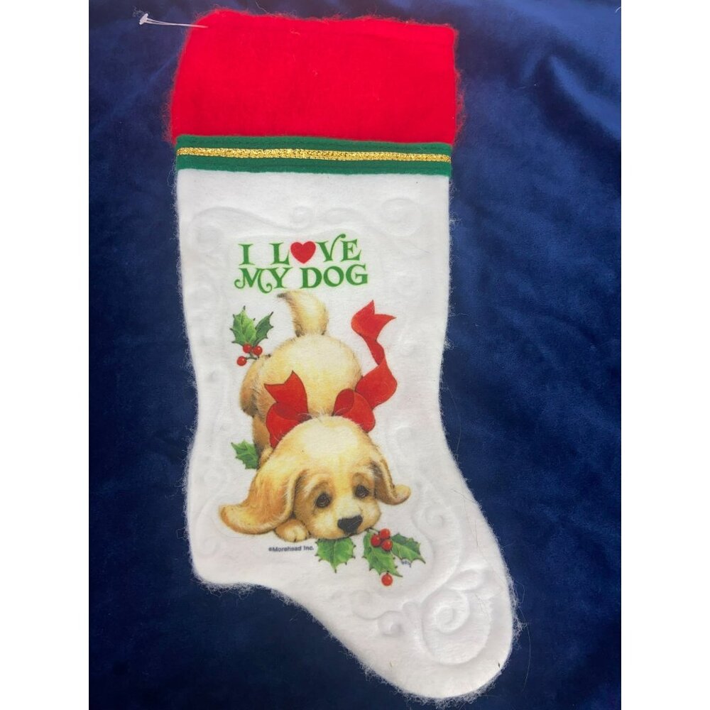 Christmas Stocking with "I Love My Dog" Print White Red Trim‎
